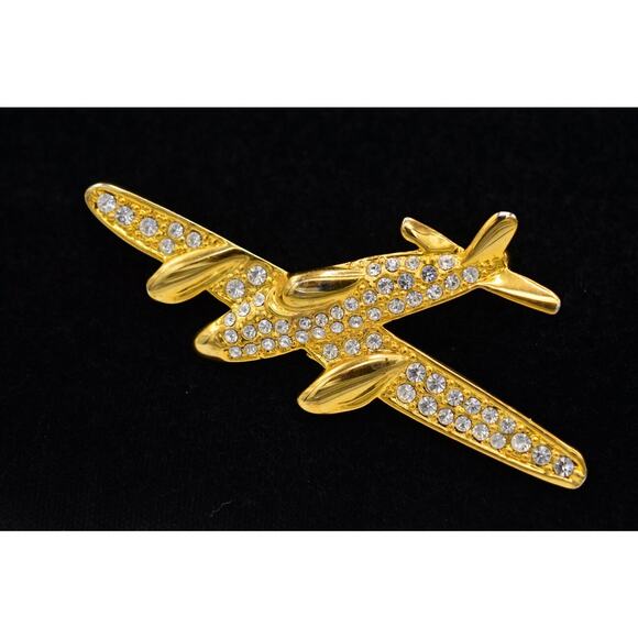 Crystal Airplane Pin Brooch Gold Pave Rhinestone Statement Vintage 1980s Bin1 - Picture 4 of 9